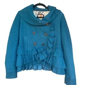 Elevenses Jacket Womens 6 Teal Ruffle Peplum Cropped Double Breasted Wool Blend